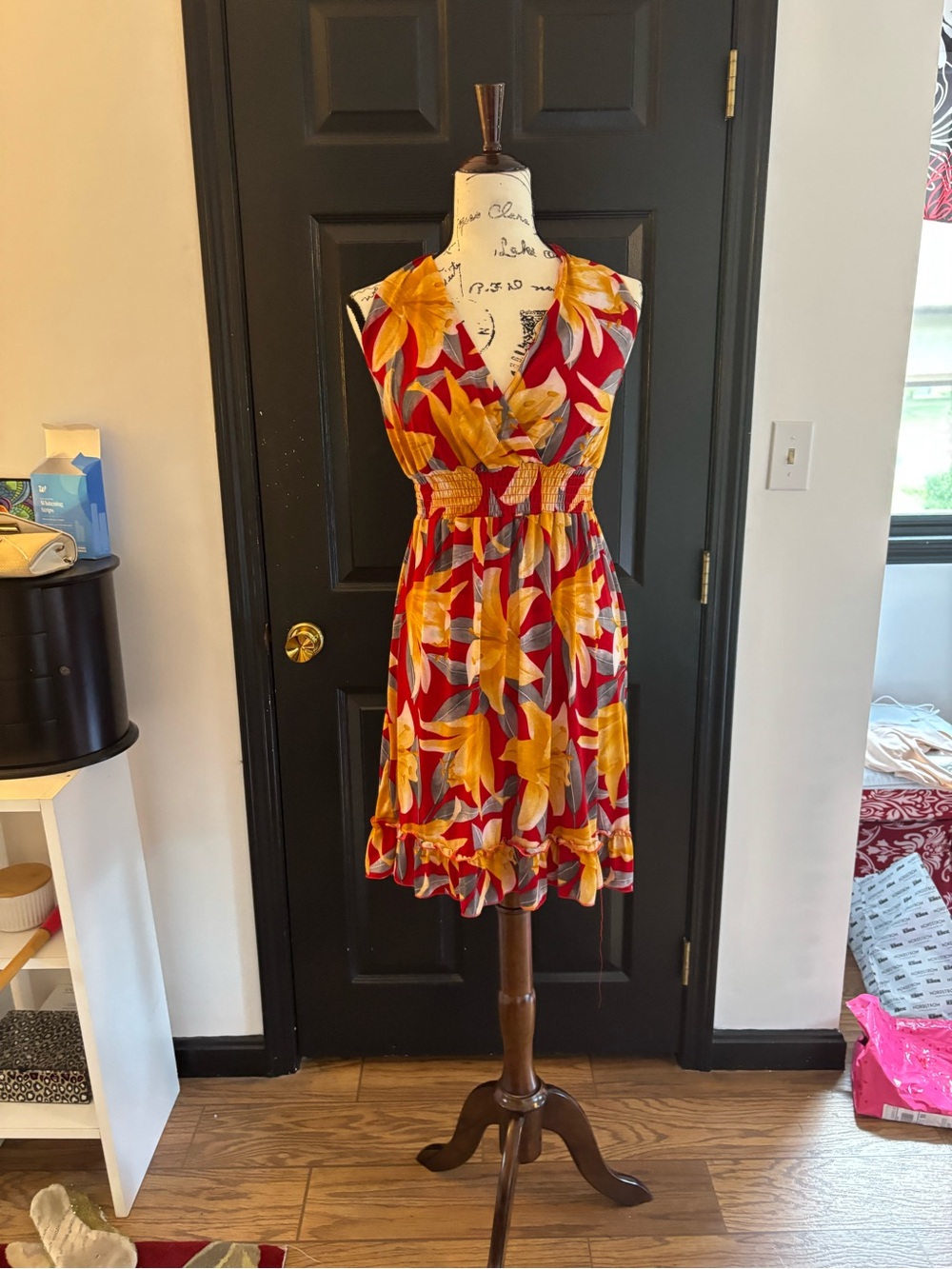 Floral Surplice Red halter Dress with Yellow Bloom Print